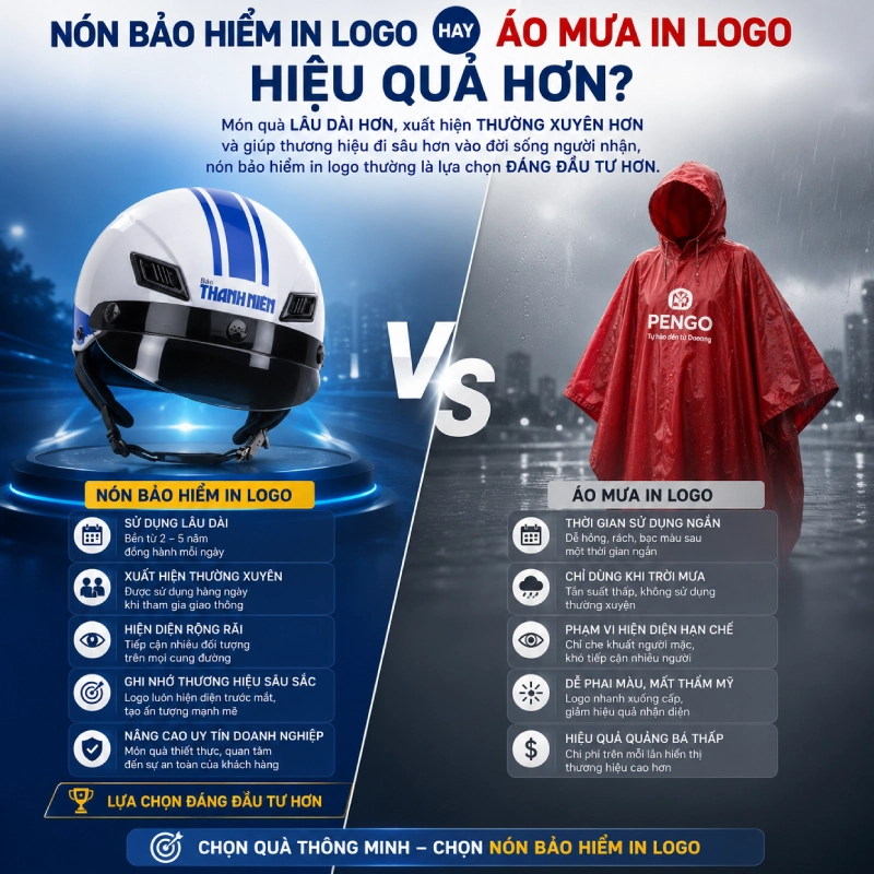 Vậy nón bảo hiểm in logo hay áo mưa in logo hiệu quả hơn?