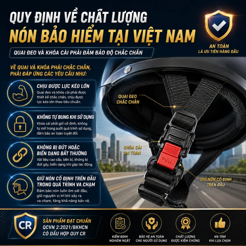 Quy định về chất lượng nón bảo hiểm tại Việt Nam là Quai đeo và khóa cài phải đảm bảo độ chắc chắn