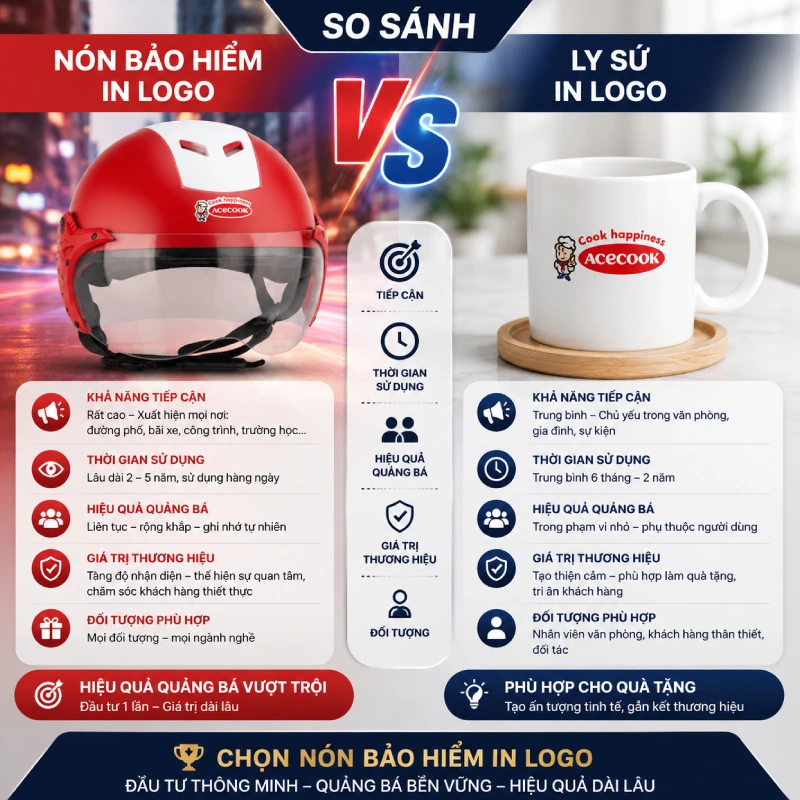 So sánh về nón bảo hiểm in logo với ly sứ in logo