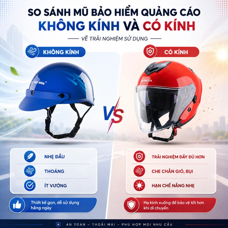 Nên chọn mũ bảo hiểm quảng cáo không kính hay có kính? 4 Nên chọn mũ bảo hiểm quảng cáo không kính hay có kính nếu xét về trải nghiệm sử dụng
