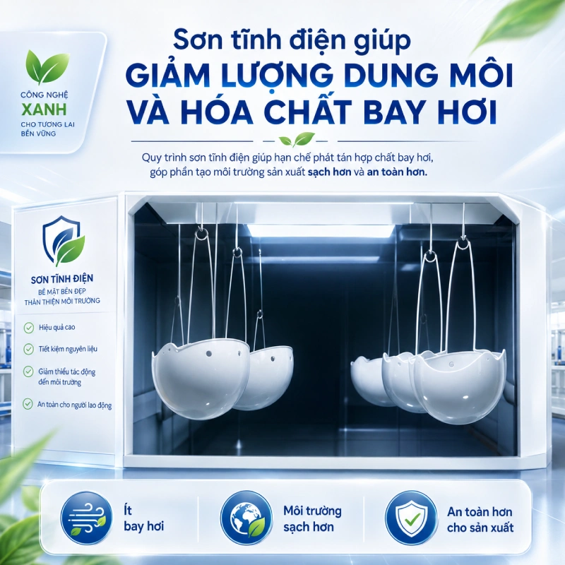 Vì sao sơn tĩnh điện góp phần bảo vệ môi trường? 3 Sơn tĩnh điện góp phần bảo vệ môi trường vì Giảm lượng dung môi và hóa chất bay hơi