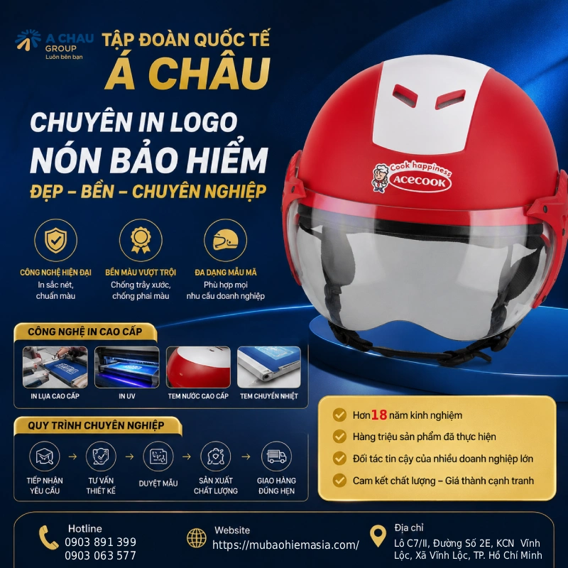 Có nên in logo nhiều màu trên nón bảo hiểm? 7 Tập đoàn Quốc tế Á Châu chuyên in logo nón bảo hiểm đẹp, bền