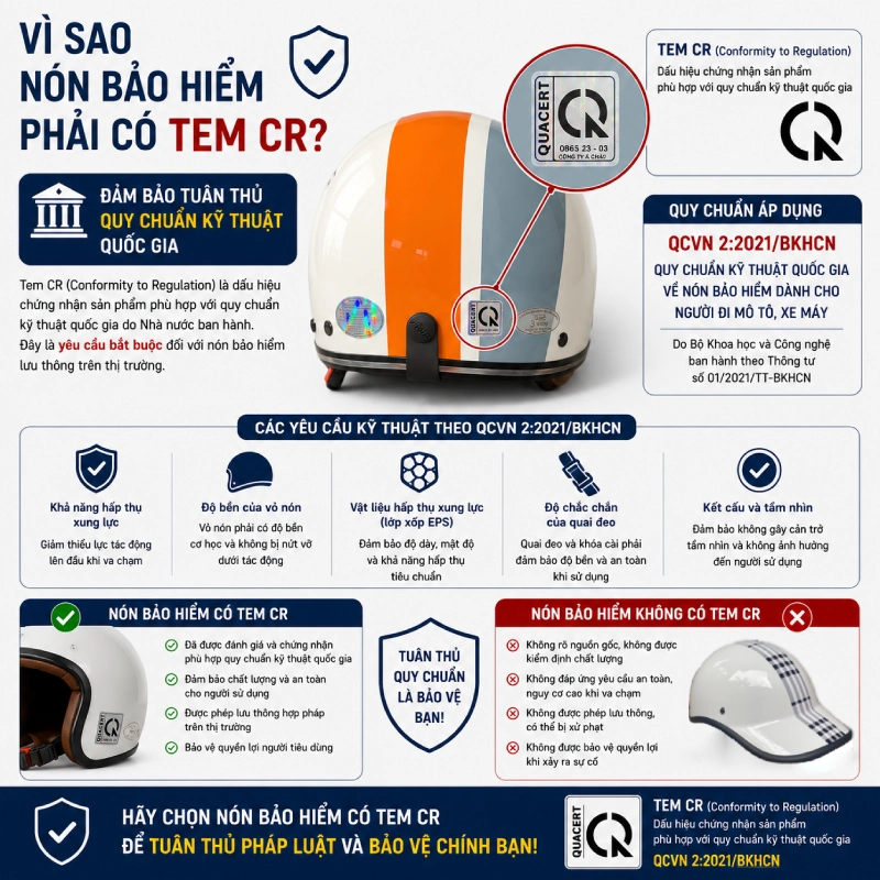 Tem CR là viết tắt của từ gì? Ý nghĩa thực sự của dấu CR 4 Nón bảo hiểm phải có tem CR vì Đảm bảo tuân thủ quy chuẩn kỹ thuật quốc gia