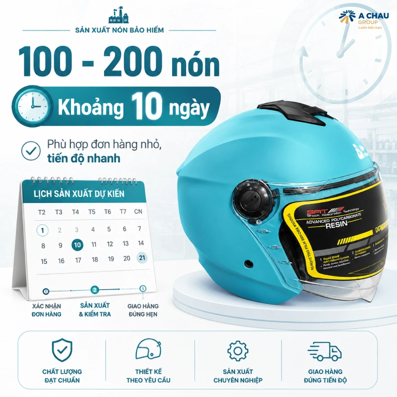 Thời gian sản xuất nón bảo hiểm theo yêu cầu mất bao lâu? 2 Thời gian sản xuất mũ bảo hiểm theo yêu cầu với đơn hàng từ 100 đến 200 nón khoảng 10 ngày