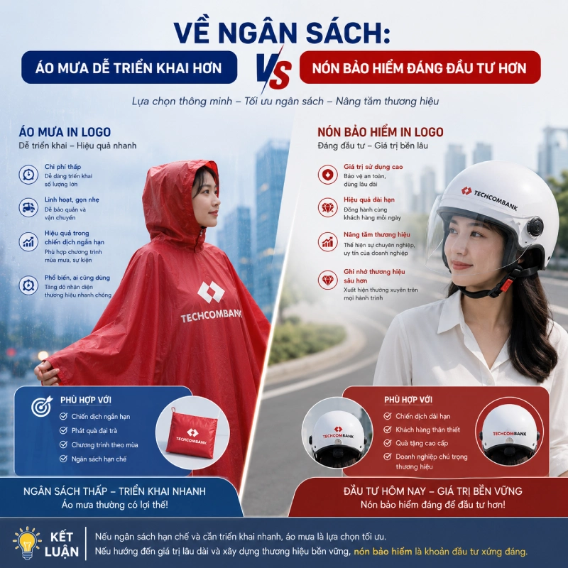 Nón bảo hiểm in logo hay áo mưa in logo hiệu quả hơn về ngân sách: áo mưa dễ triển khai hơn, nón bảo hiểm đáng đầu tư hơn
