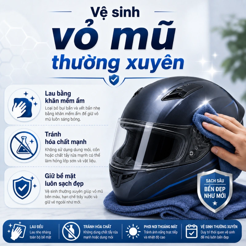 Cách bảo quản mũ bảo hiểm luôn mới đẹp là vệ sinh vỏ mũ thường xuyên