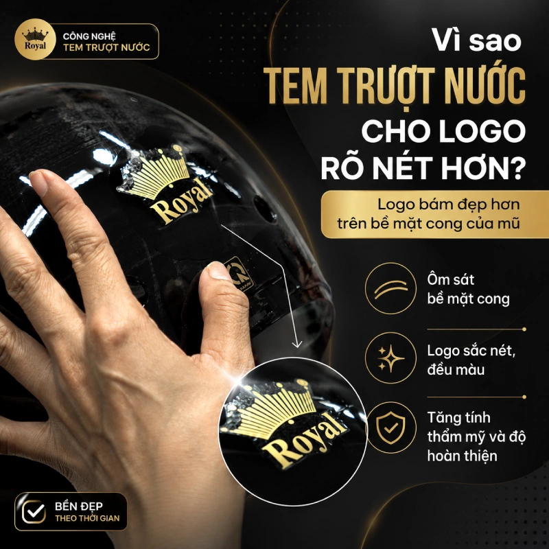 Vì sao tem trượt nước cho logo rõ nét hơn vì Logo bám đẹp hơn trên bề mặt cong của mũ