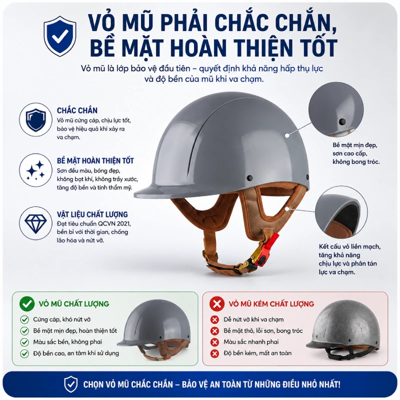Tư vấn mua mũ bảo hiểm đúng chất lượng Vỏ mũ phải chắc chắn, bề mặt hoàn thiện tốt