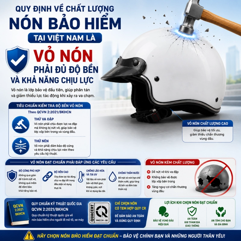 Quy định về chất lượng nón bảo hiểm tại Việt Nam là Vỏ nón phải đủ độ bền và khả năng chịu lực