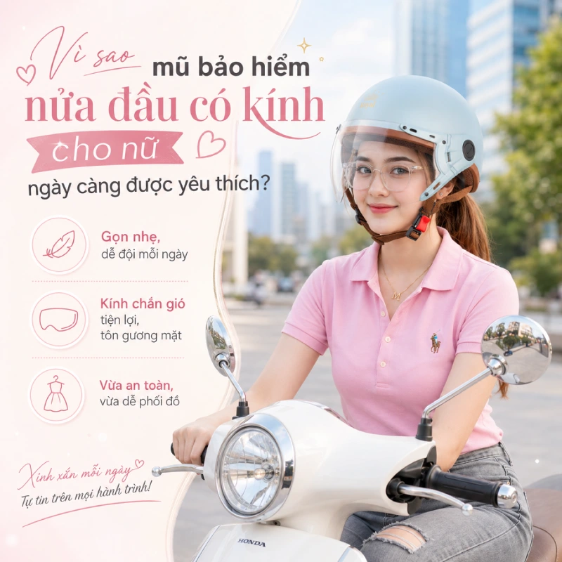 Lý do mũ bảo hiểm nửa đầu có kính cho nữ lại được yêu thích