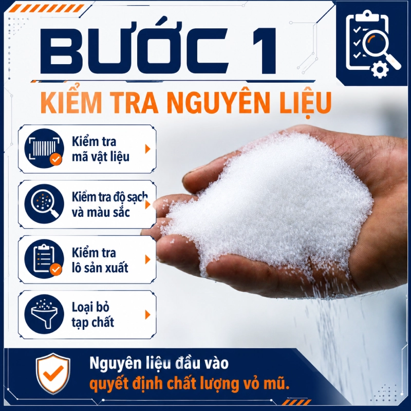 Quy trình ép nhựa vỏ mũ bảo hiểm: Bước 1 kiểm tra nguyên liệu
