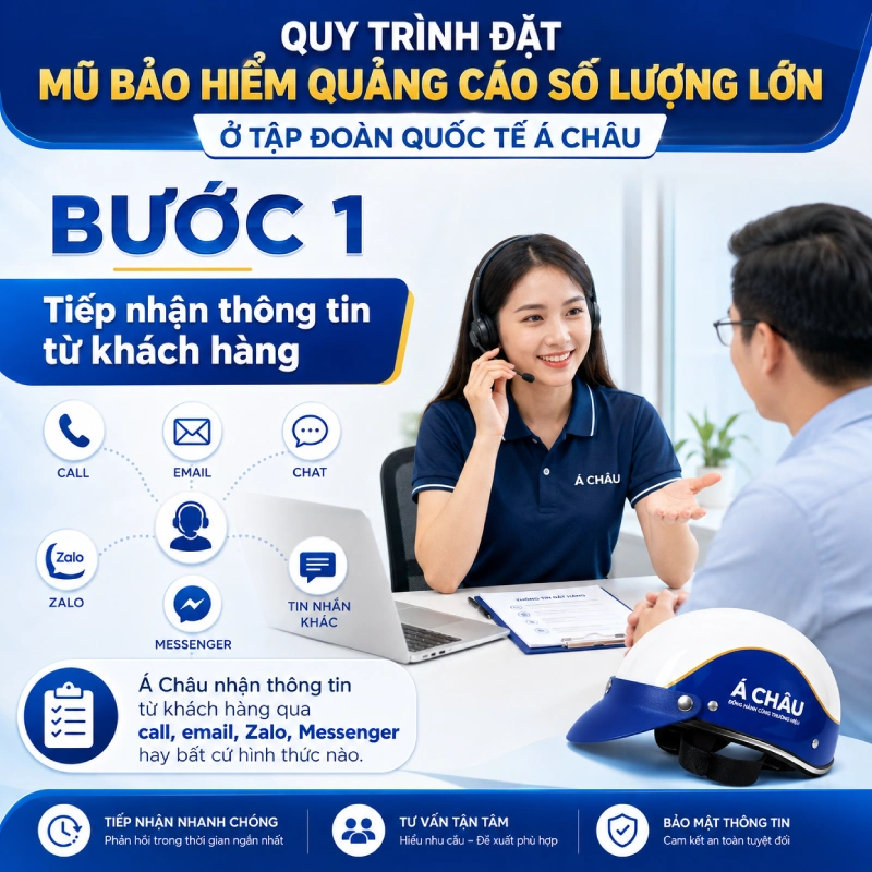Quy trình đặt mũ bảo hiểm quảng cáo số lượng lớn ở Tạp đoàn quốc tế Á Châu - Bước 1: Á Châu nhận thông tin từ khách hàng