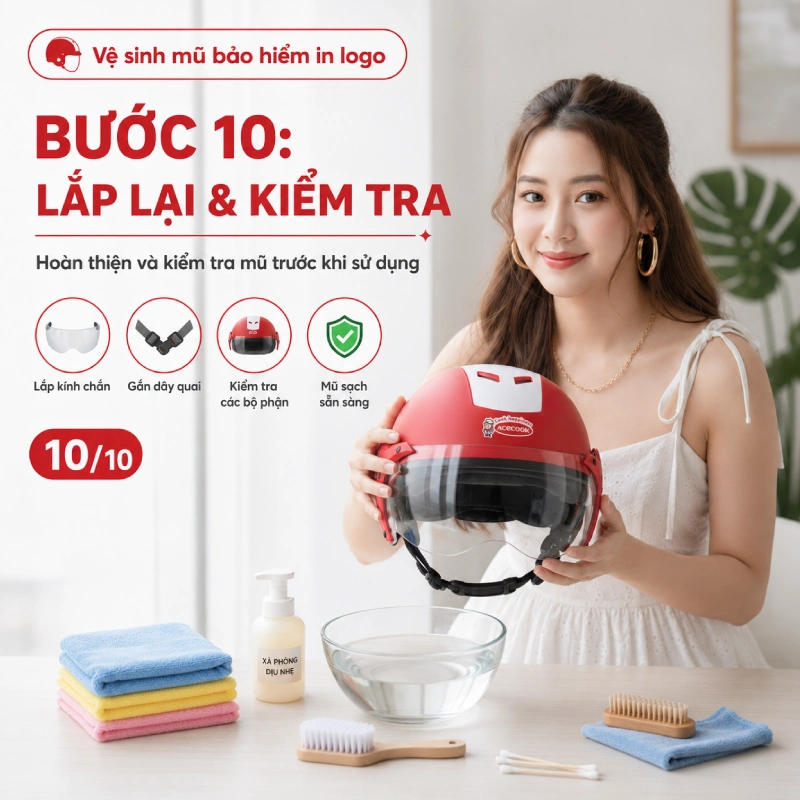 Bước 10 trong quá trình vệ sinh mũ bảo hiểm in logo