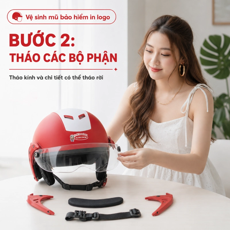 Bước 2 trong quá trình vệ sinh mũ bảo hiểm in logo