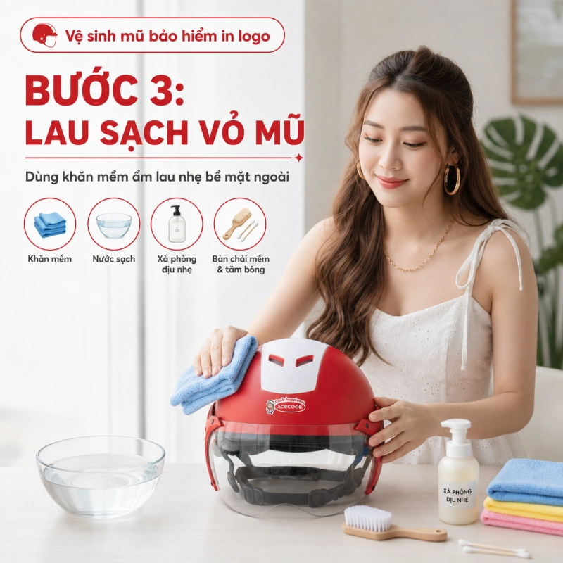 Bước 3 trong quá trình vệ sinh mũ bảo hiểm in logo