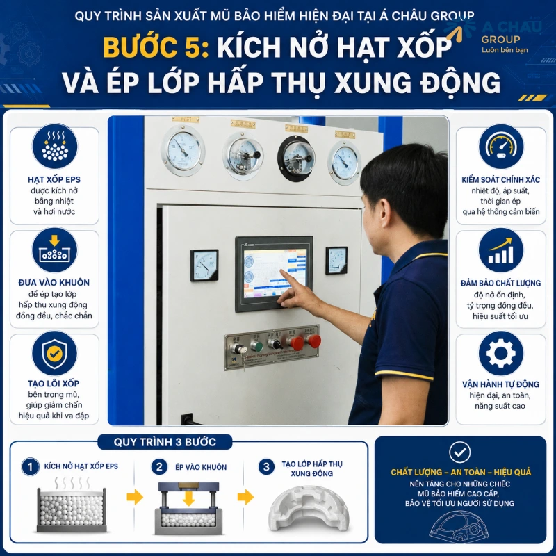 Bước 5: Kích nở hạt xốp và ép lớp hấp thụ xung động