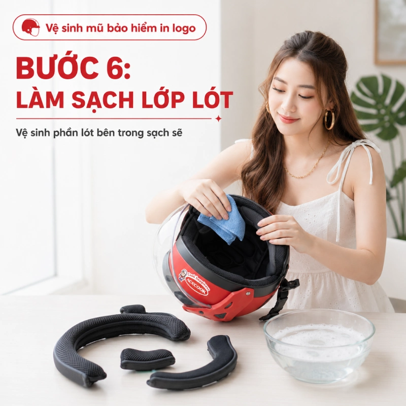 Bước 6 trong quá trình vệ sinh mũ bảo hiểm in logo