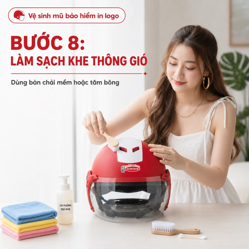 Bước 8 trong quá trình vệ sinh mũ bảo hiểm in logo
