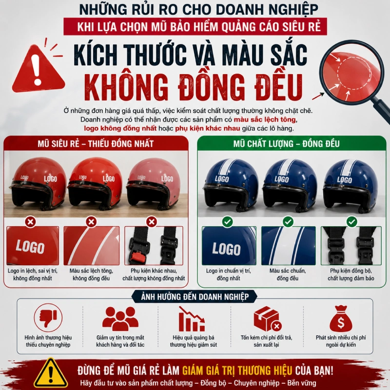 nghiệp khi lựa chọn mũ bảo hiểm quảng cáo siêu rẻ là Kích thước và màu sắc không đồng đều