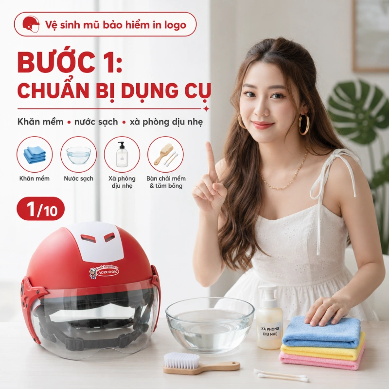 Bước 1 trong quá trình vệ sinh mũ bảo hiểm in logo