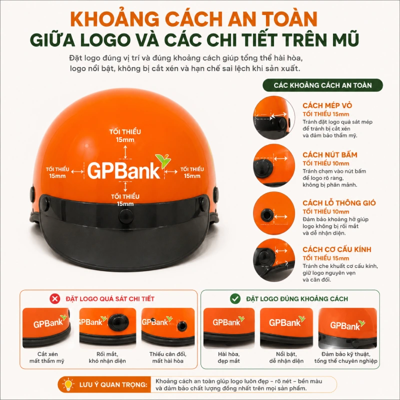 Khoảng cách an toàn giữa logo và các chi tiết của mũ