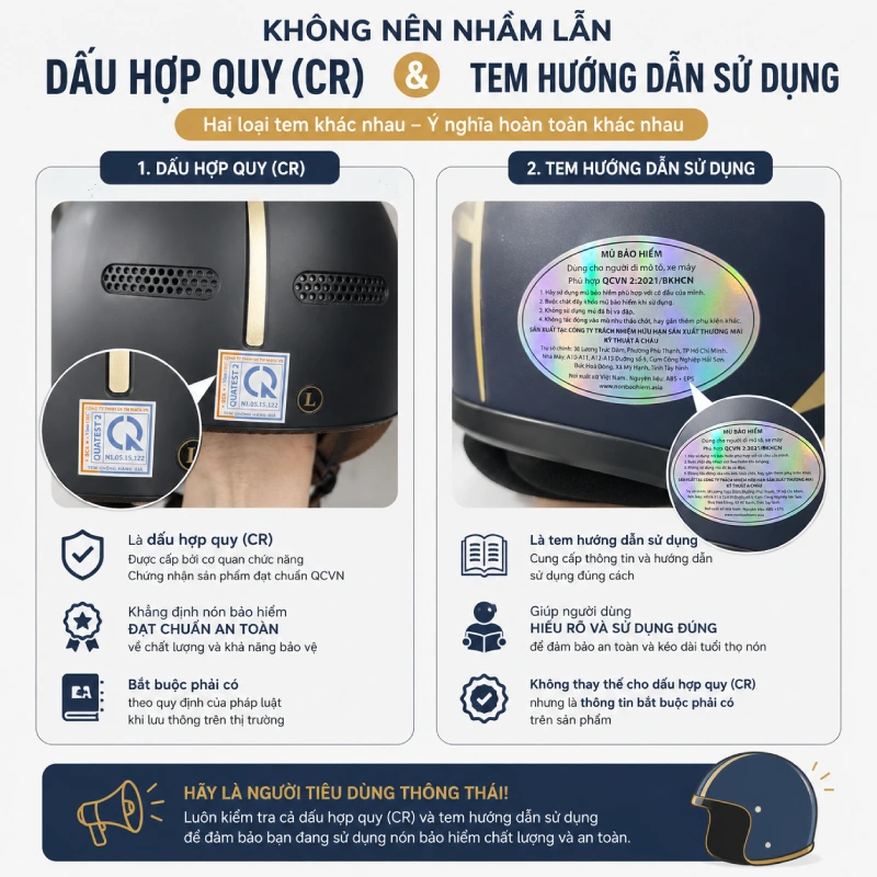 Mũ bảo hiểm có tem hướng dẫn sử dụng thì không cần kèm bản giấy 4 Không nên nhầm lẫn giữa dấu hợp quy (CR) và tem hướng dẫn sử dụng