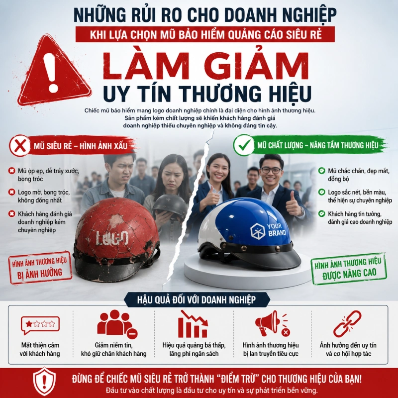 Rủi ro cho doanh nghiệp khi lựa chọn mũ bảo hiểm quảng cáo siêu rẻ là Làm giảm uy tín thương hiệu