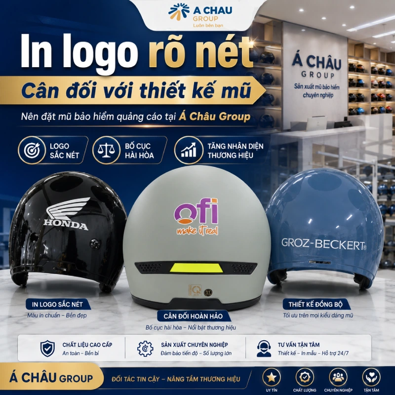 Nên đặt mũ bảo hiểm quảng cáo ở Hà Nội tại Á Châu Group vì logo rõ nét, cân đối với thiết kế mũ