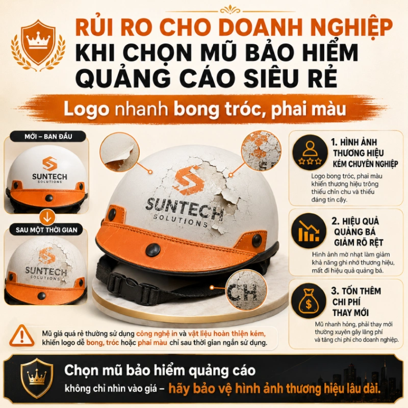 Rủi ro cho doanh nghiệp khi lựa chọn mũ bảo hiểm quảng cáo siêu rẻ là Logo nhanh bong tróc, phai màu
