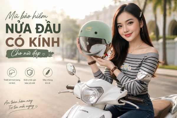 Mũ bảo hiểm nửa đầu có kính cho nữ đẹp xinh