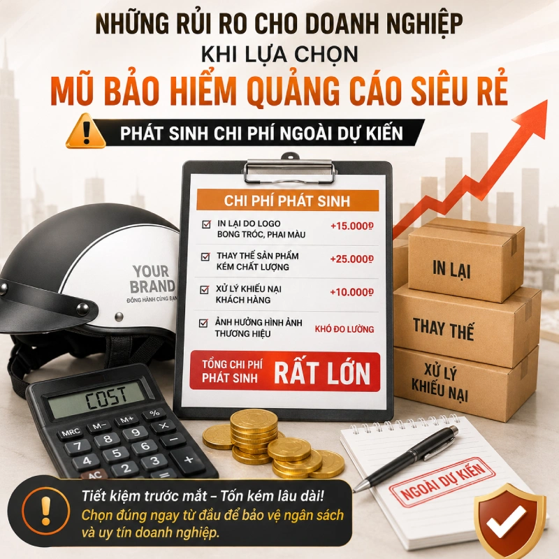 Rủi ro cho doanh nghiệp khi lựa chọn mũ bảo hiểm quảng cáo siêu rẻ là Phát sinh chi phí ngoài dự kiến