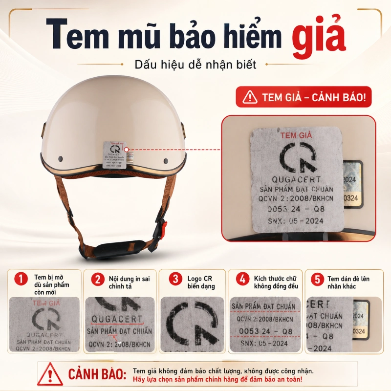 Hướng dẫn cách phân biệt nón bảo hiểm thật và giả 2026 3 em bị mờ dù sản phẩm còn mới, nội dung in sai chính tả, logo CR biến dạng, kích thước chữ không đồng đều hoặc tem được dán đè lên một nhãn khác.