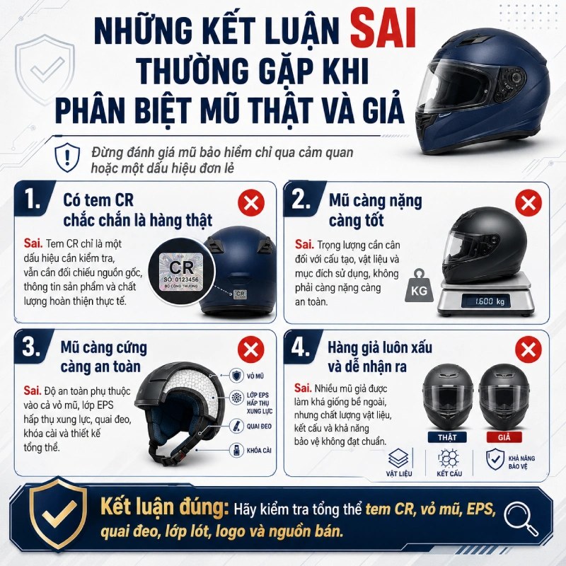 Hướng dẫn cách phân biệt nón bảo hiểm thật và giả 2026 9 Những kết luận sai thường gặp khi phân biệt mũ thật và giả