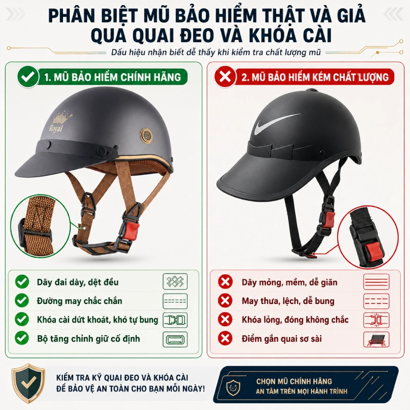 Hướng dẫn cách phân biệt nón bảo hiểm thật và giả 2026 6 Phân biệt nón bảo hiểm thật và giả qua quai đeo và khóa cài