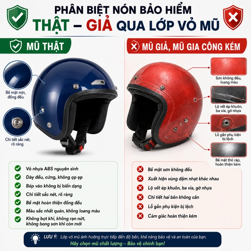 Hướng dẫn cách phân biệt nón bảo hiểm thật và giả 2026 4 Phân biết mũ bảo hiểm thật và giả qua lớp vỏ mũ