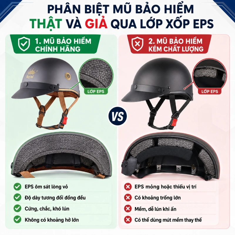 Hướng dẫn cách phân biệt nón bảo hiểm thật và giả 2026 5 Phân biết mũ bảo hiểm thật và giả qua lớp xốp EPS
