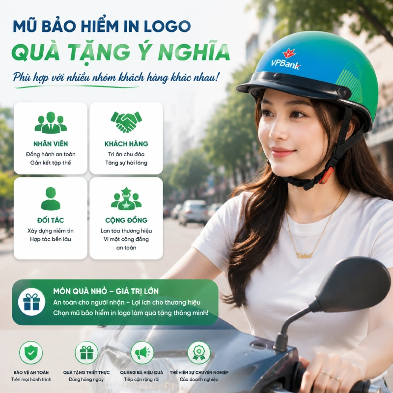 Nên dùng nón bảo hiểm in logo làm quà tặng khách hàng vì phù hợp với nhiều đối tượng khác nhau