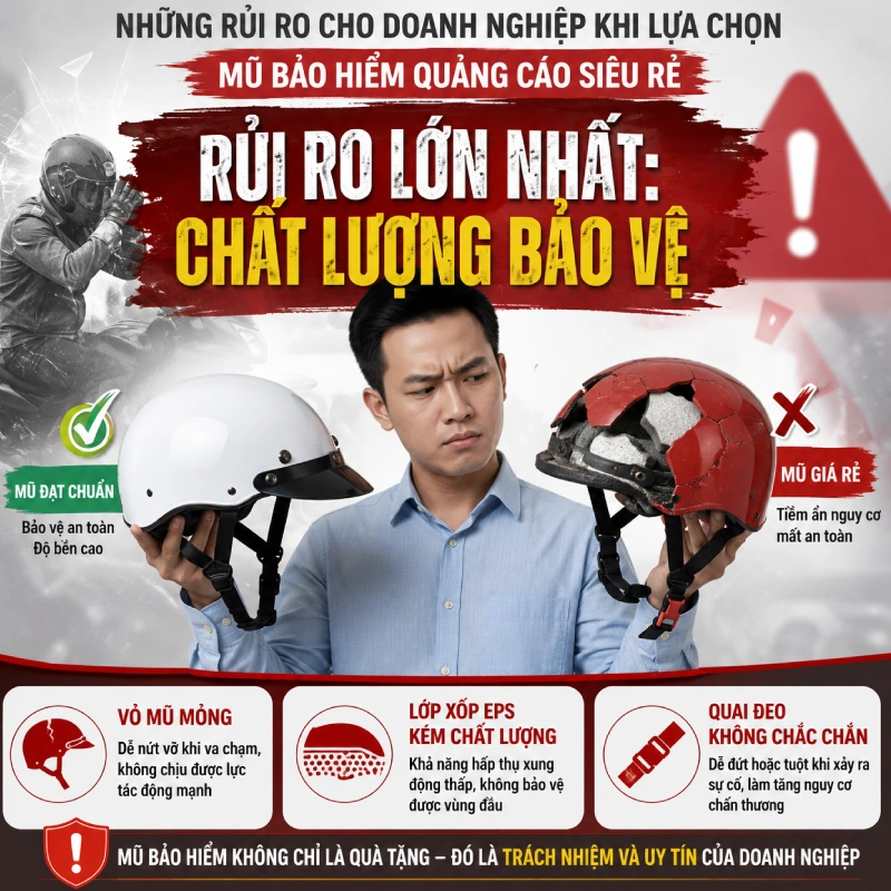 Rủi ro cho doanh nghiệp khi lựa chọn mũ bảo hiểm quảng cáo siêu rẻ là về khả năng bảo vệ