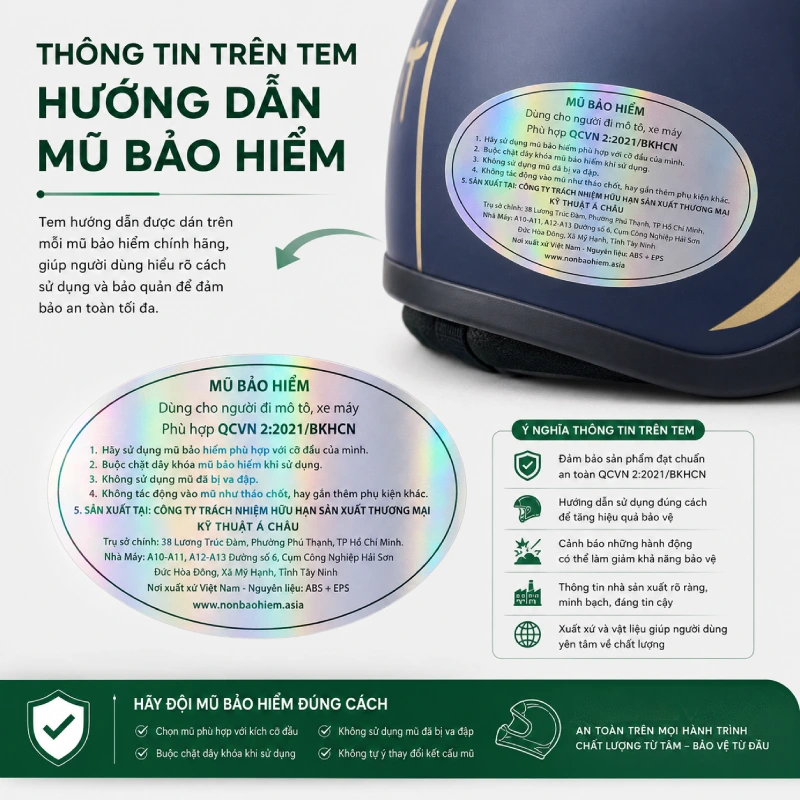 Mũ bảo hiểm có tem hướng dẫn sử dụng thì không cần kèm bản giấy 2 Thông tin trên tem hướng dẫn sử dụng gồm những gì?