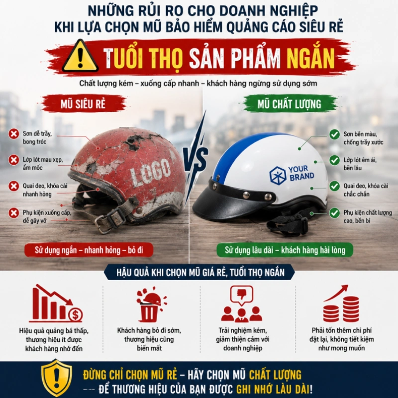 Rủi ro cho doanh nghiệp khi lựa chọn mũ bảo hiểm quảng cáo siêu rẻ là Tuổi thọ sản phẩm ngắn