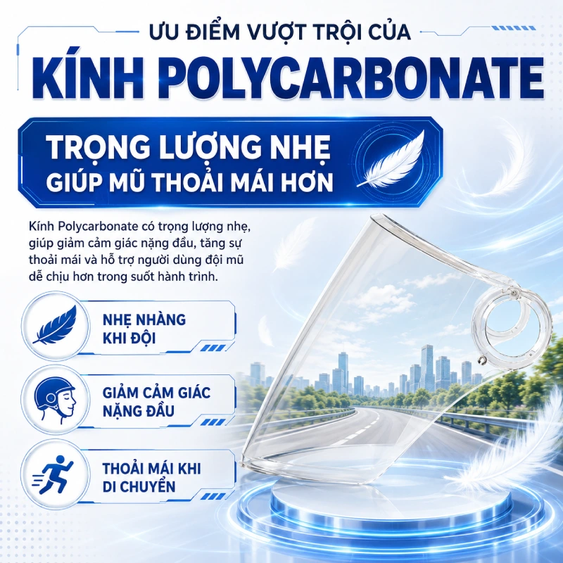 Ưu điểm vượt trội của Kính Polycarbonate là Trọng lượng nhẹ giúp mũ thoải mái hơn