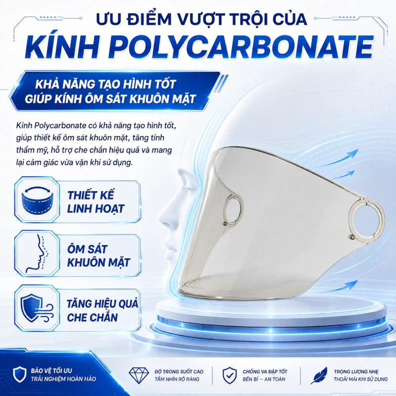 Ưu điểm vượt trội của Kính Polycarbonate là Khả năng tạo hình tốt giúp kính ôm sát khuôn mặt