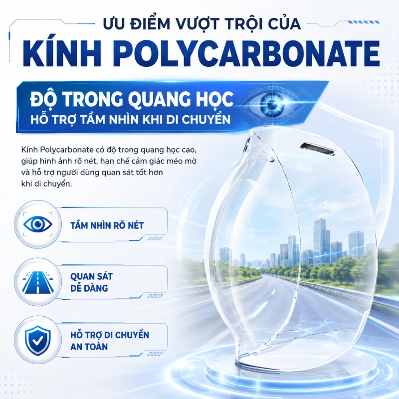 Ưu điểm vượt trội của Kính Polycarbonate là Độ trong quang học hỗ trợ tầm nhìn khi di chuyển