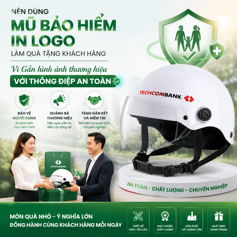 Nên dùng mũ bảo hiểm in logo làm quà tặng khách hàng vì gắn hình ảnh thương hiệu với thông điệp an toàn