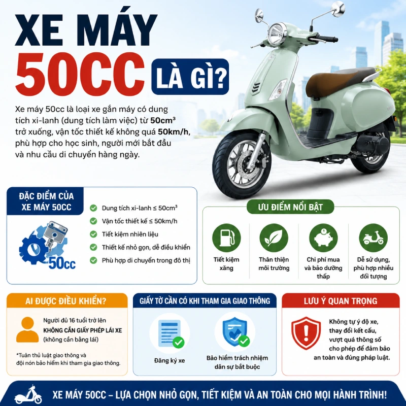 Xe 50cc là loại xe gắn máy có dung tích xi lanh không vượt quá 50 cm³ (50cc) đối với động cơ đốt trong, hoặc có công suất động cơ điện không vượt quá 4 kW