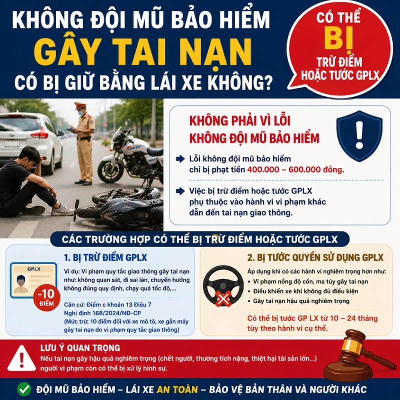 Không đội mũ bảo hiểm gây tai nạn có bị giữ bằng lái xe không
