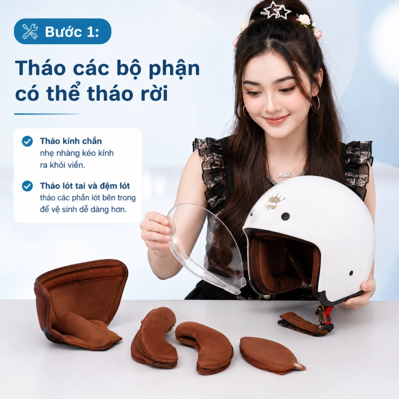Vệ sinh nón 3/4 bước 1: Tháo các bộ phận có thể tháo rời