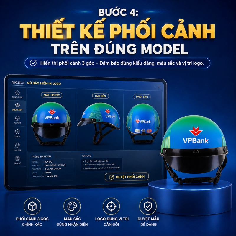 Đặt mũ bảo hiểm in logo ở đâu tốt nhất tại tphcm? 20 Á Châu sẽ tiến hành thiết kế phối cảnh trên đúng model