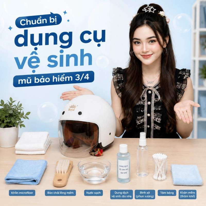 Chuẩn bị dụng cụ vệ sinh mũ bảo hiểm 3/4
