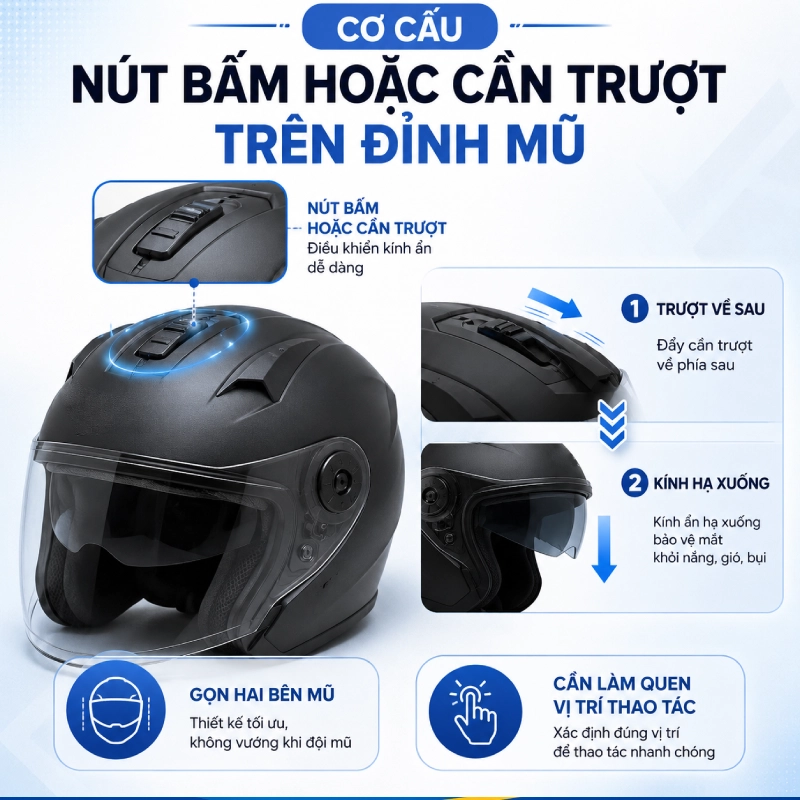 Mũ bảo hiểm kính ẩn là gì? Gồm những loại nào 4 Cơ cấu nút bấm hoặc cần trượt trên đỉnh mũ